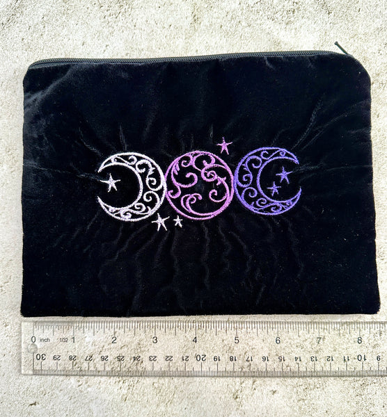 Witchy Triple Moon Embroidered Velvet Tarot Bag With Zipper & Satin Lining