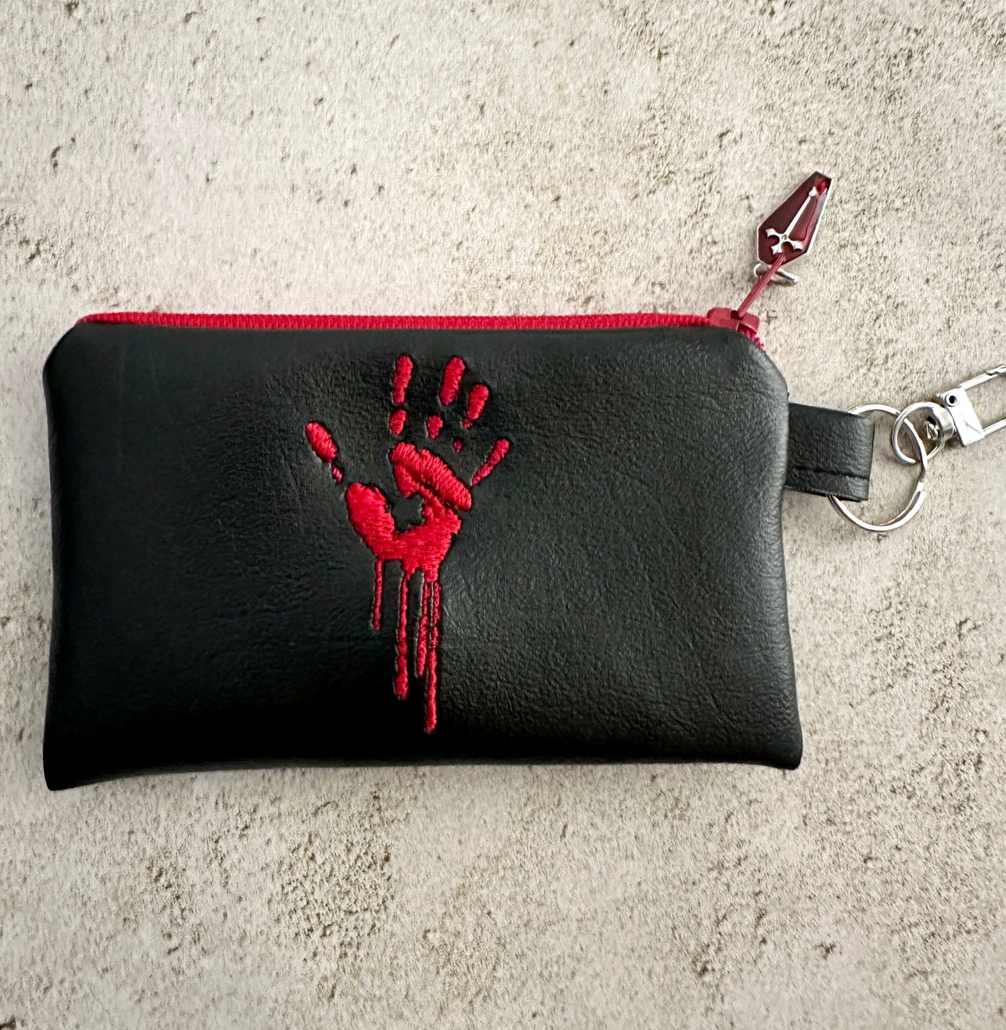 Bloody Handprint Vinyl Zipper Pouch – Horror Lover Gift for Cash, Cards & Earbuds