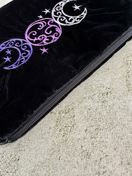 Witchy Triple Moon Embroidered Velvet Tarot Bag With Zipper & Satin Lining