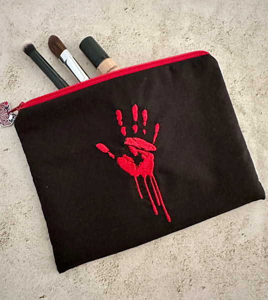 Horror Lover Bloody Handprint Embroidered Zipper Pouch - True Crime Cosmetic Bag