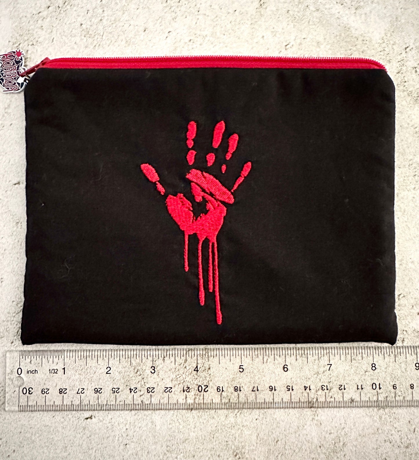 Bloody Handprint Embroidered Zipper Pouch – Horror Lover Cosmetic Bag & True Crime Gift