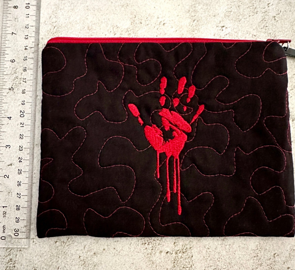 Quilted Bloody Handprint Zipper Pouch – Horror Lover Cosmetic Bag & True Crime Gift