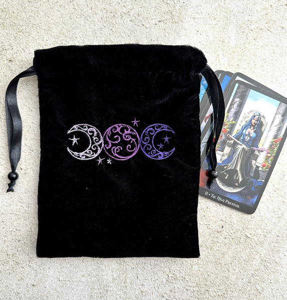 Triple Moon Black Velvet Embroidered Tarot and Oracle Card Bag With Satin Lining