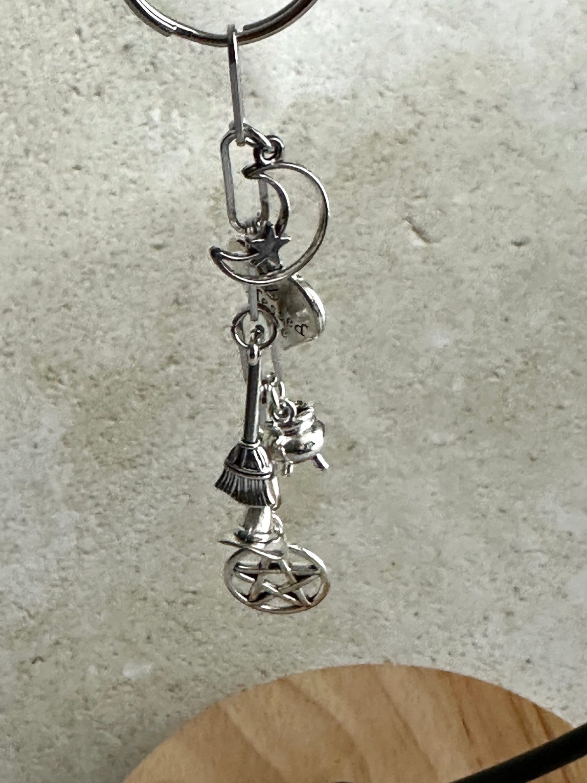 Witchy Bag Charm Keychain – Silver Pentacle, Moon, Witch Hat & Star Charm for Witches