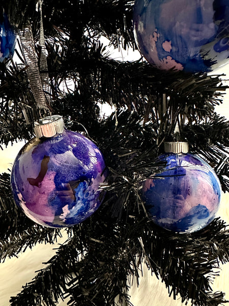 Hand Painted Glass Alcohol Ink Christmas Ornament – Purple Blue Pink White