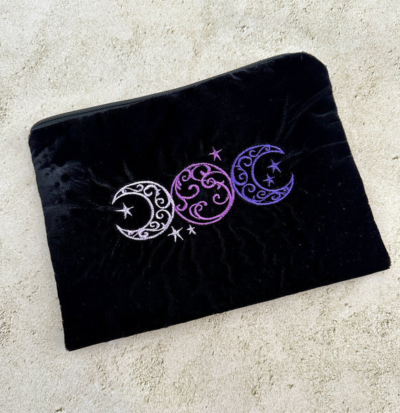 Witchy Triple Moon Embroidered Velvet Tarot Bag With Zipper & Satin Lining