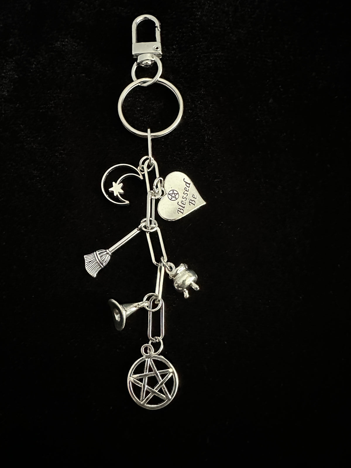 Witchy Bag Charm Keychain – Silver Pentacle, Moon, Witch Hat & Star Charm for Witches