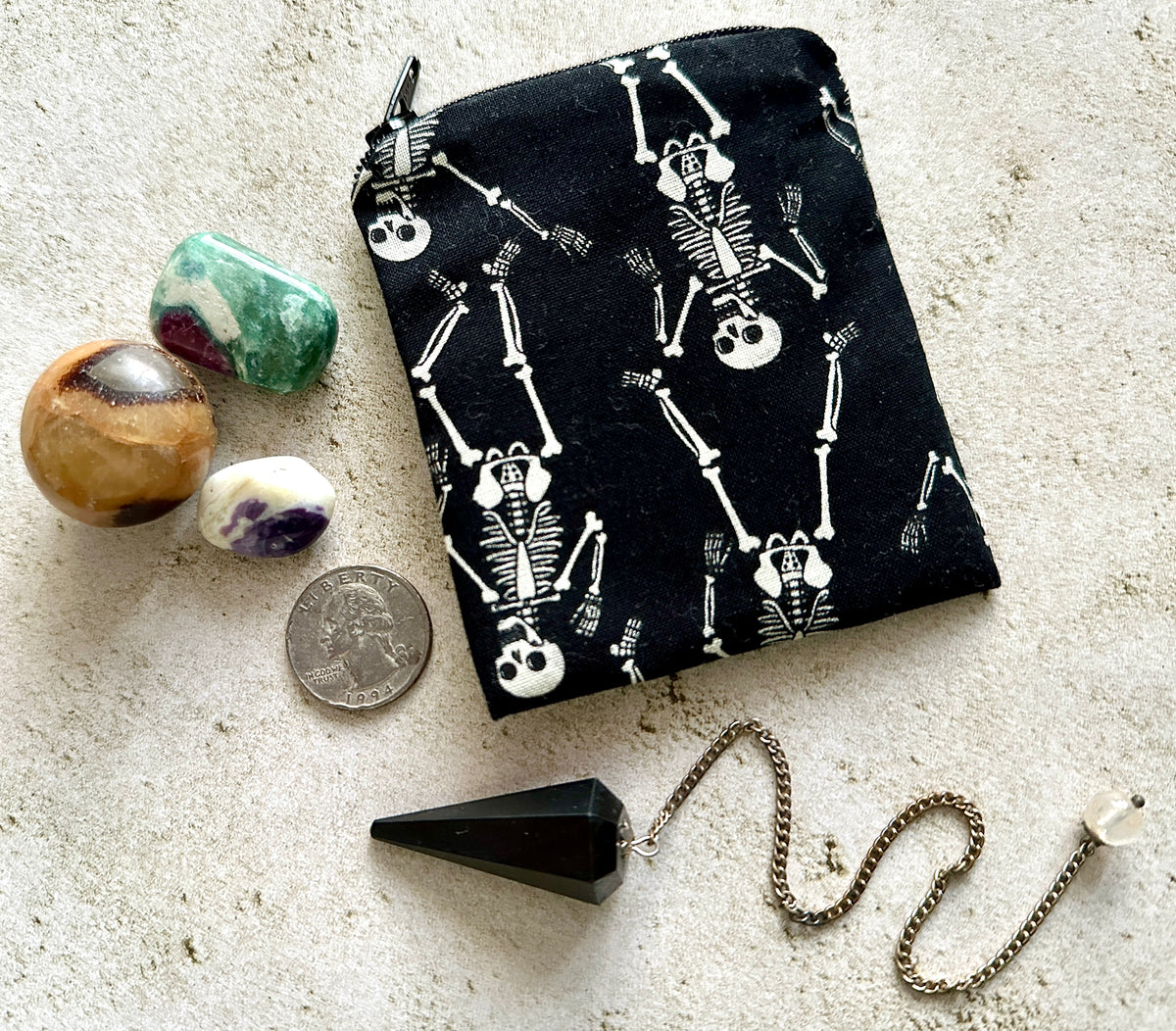 Skeleton Mojo Bag – Spooky Fabric Pouch for Crystals, Coins, Candy & Earbuds