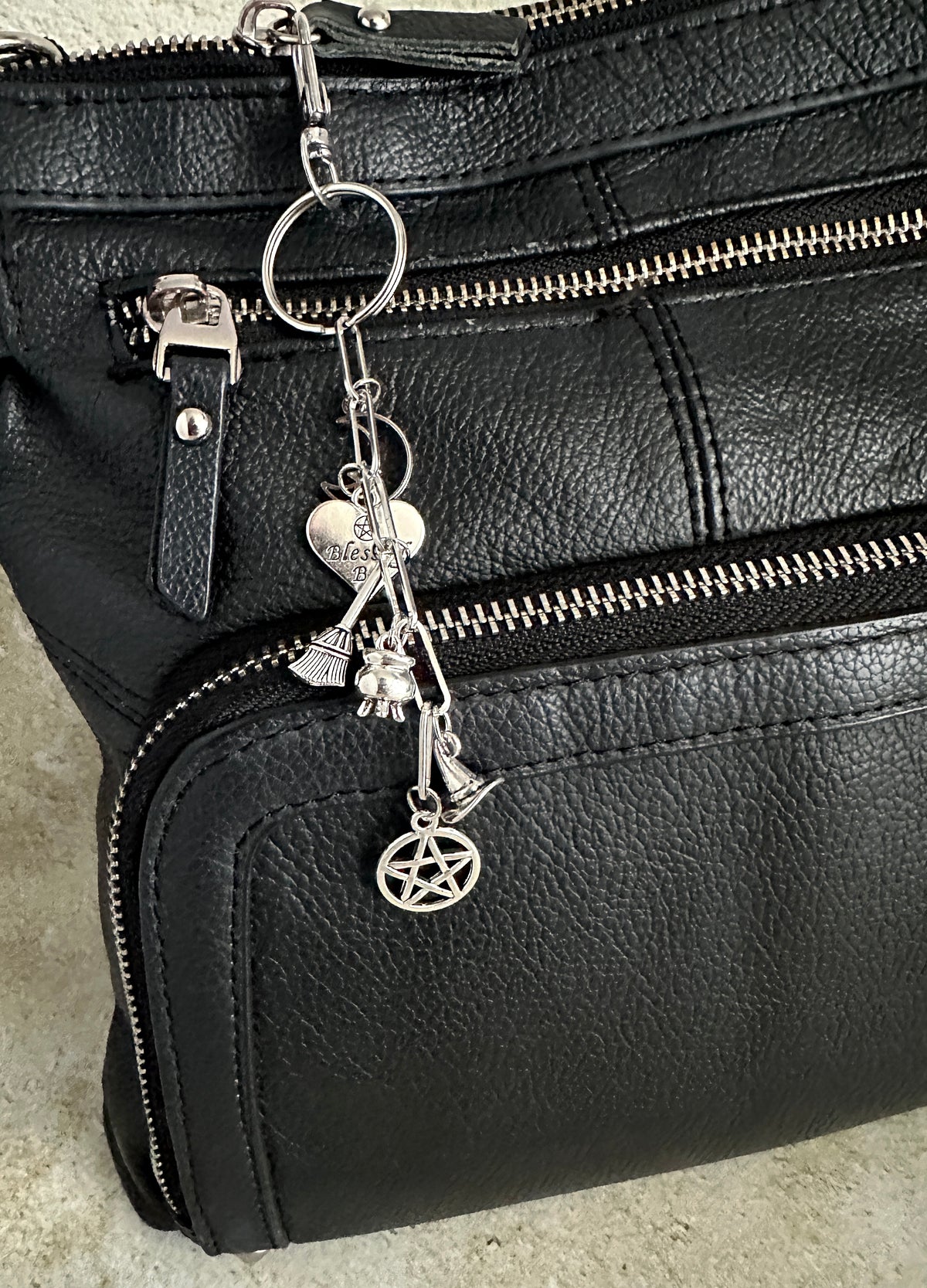Witchy Bag Charm Keychain – Silver Pentacle, Moon, Witch Hat & Star Charm for Witches