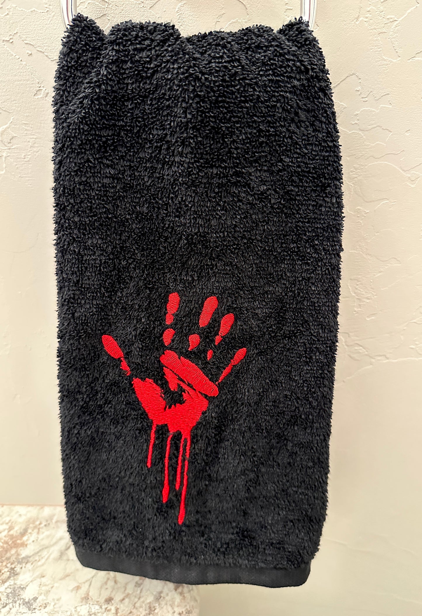 Bloody Handprint Embroidered Hand Towel – Spooky Gift for Horror Lovers & True Crime Fans