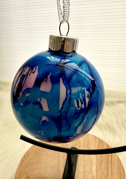 Hand Painted Glass Alcohol Ink Christmas Ornament – Purple Blue Pink White