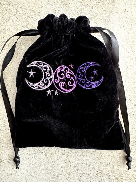 Triple Moon Black Velvet Embroidered Tarot and Oracle Card Bag With Satin Lining