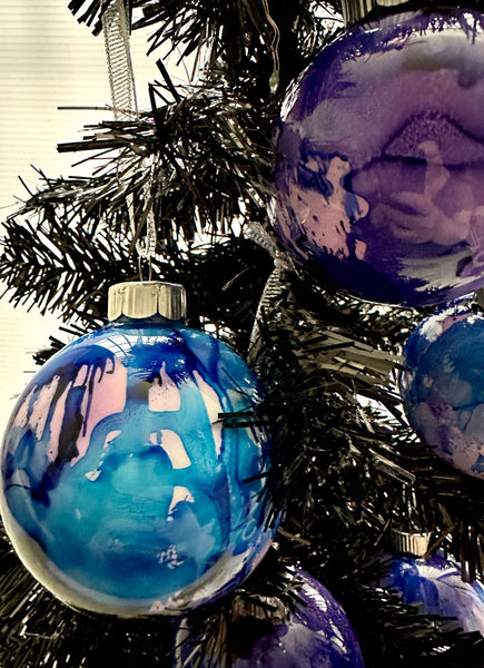 Hand Painted Glass Alcohol Ink Christmas Ornament – Purple Blue Pink White